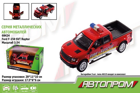 Машина метал 68424 (48шт/2) АВТОПРОМ&quot;,1:34 Ford F-150 SVT Raptor-Police,батар,світл,звук,відкр.двер&quot;