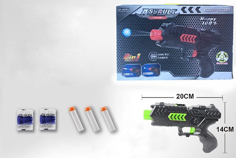 Бластер арт. T1 (144шт/2) 2 кольори, 2 гелієві кулі, 3 поролонові снаряди, р-р бластера 20*14см, кор