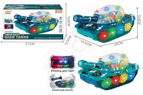 Муз.танк 5936B (72шт)батар.,прозорий корпус, кольорові внутрішні деталі, світло,звук,у короб