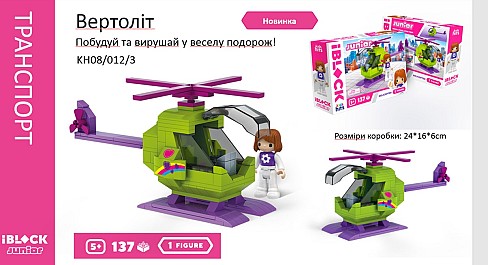 Конструктор Kids hits IBLOCK JUNIOR  KH08/012/03 (36шт/2)  Дівчатка, Вертоліт 137 дет,компл. фігур,