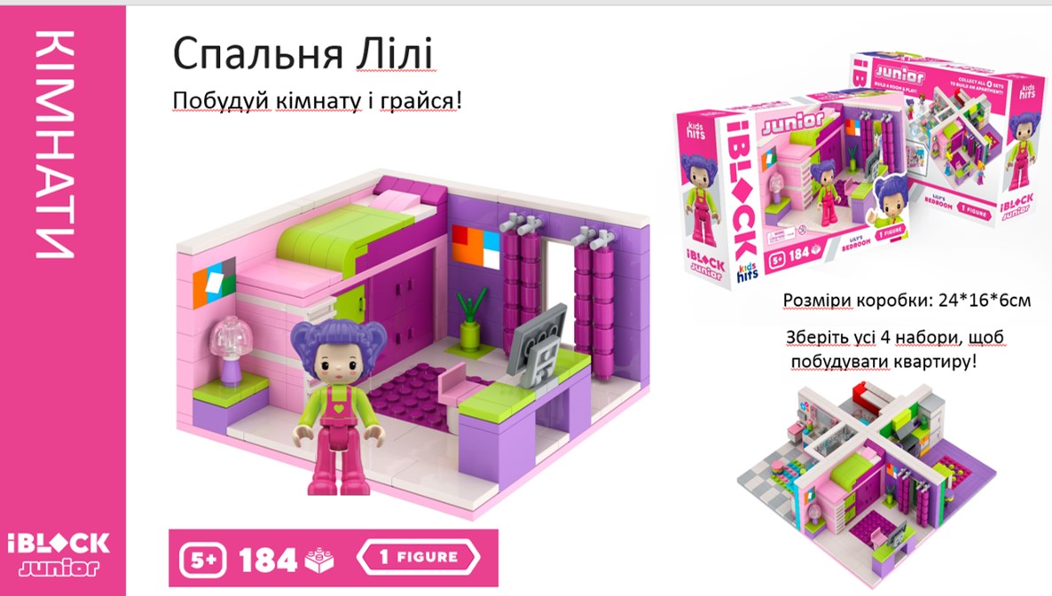 Конструктор Kids hits IBLOCK JUNIOR  KH08/001/1 (36шт/2)  Дівчатка, Спальня Лілі,184 дет,компл. фігу