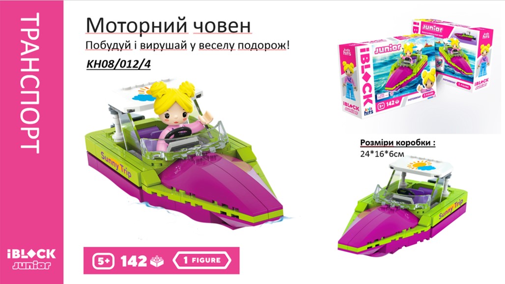 Конструктор Kids hits IBLOCK JUNIOR  KH08/012/04 (36шт/2)  Моторний човен,142 дет, фігурка, наліпки